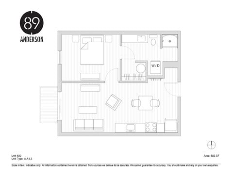 Floor plan for 1 bed, 1 bath, 603 sqft